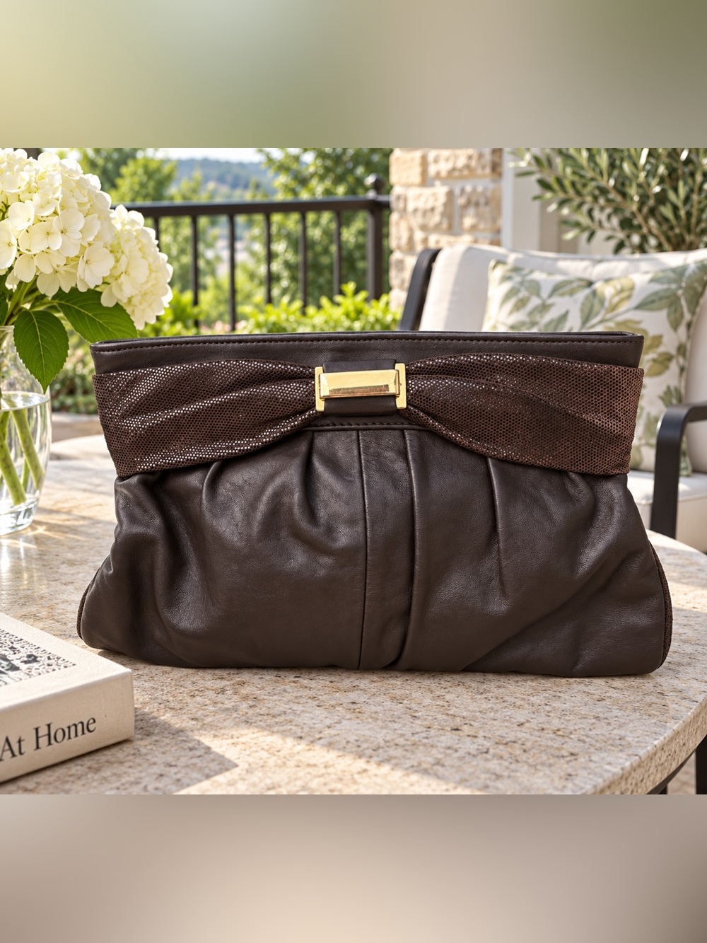 Genuine Leather Dark Brown Leather Clutch with textured snakeskin detail